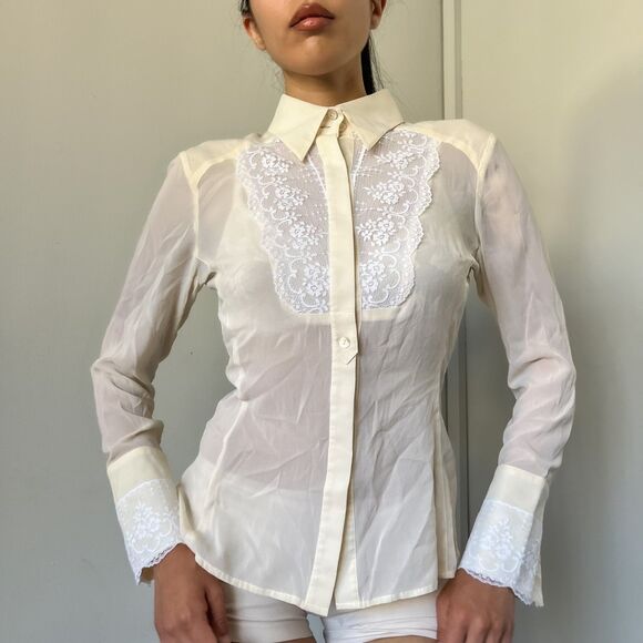 Y2K Bebe Cream Silk Lace Blouse - Picture 3 of 6